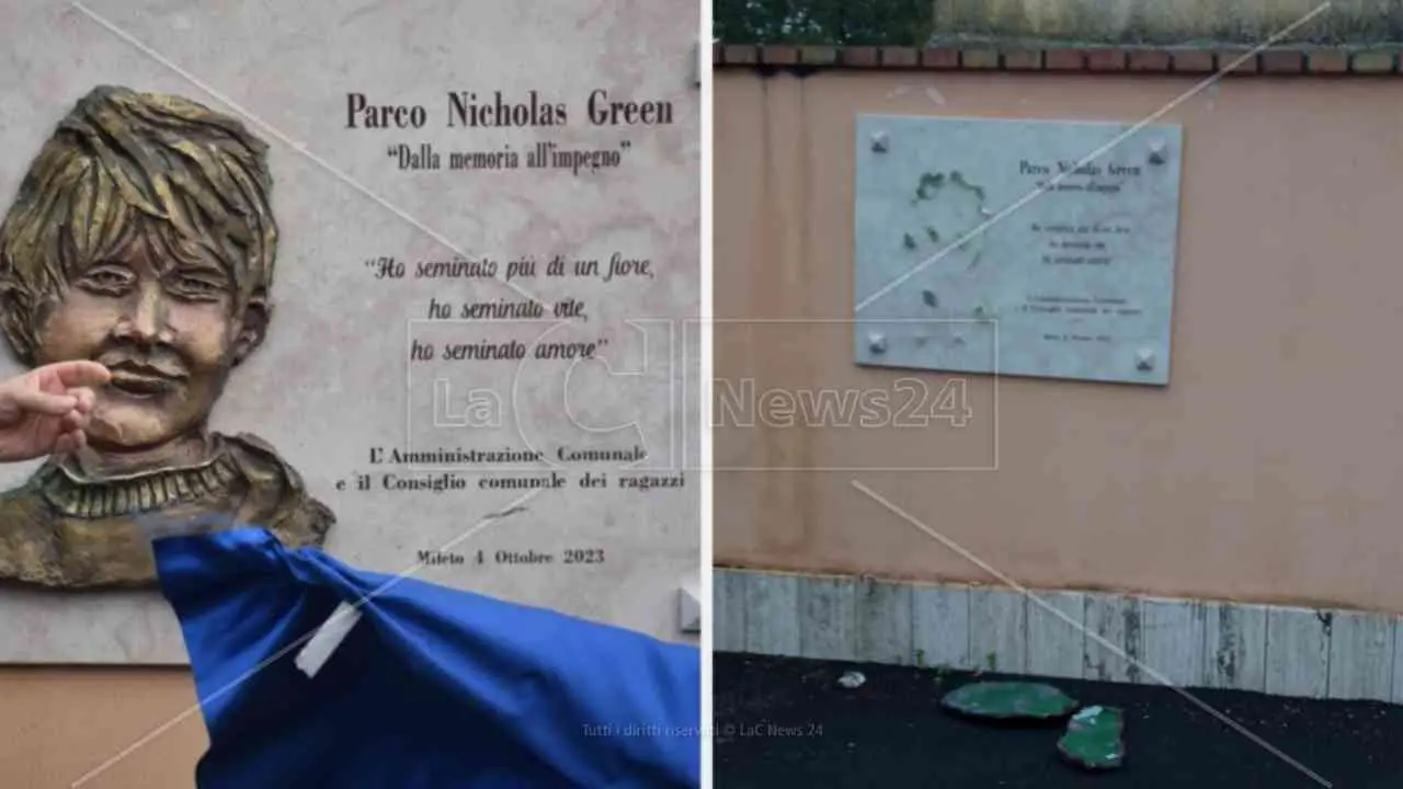 Mileto, danneggiata la scultura dedicata a Nicholas Green nel parco urbano