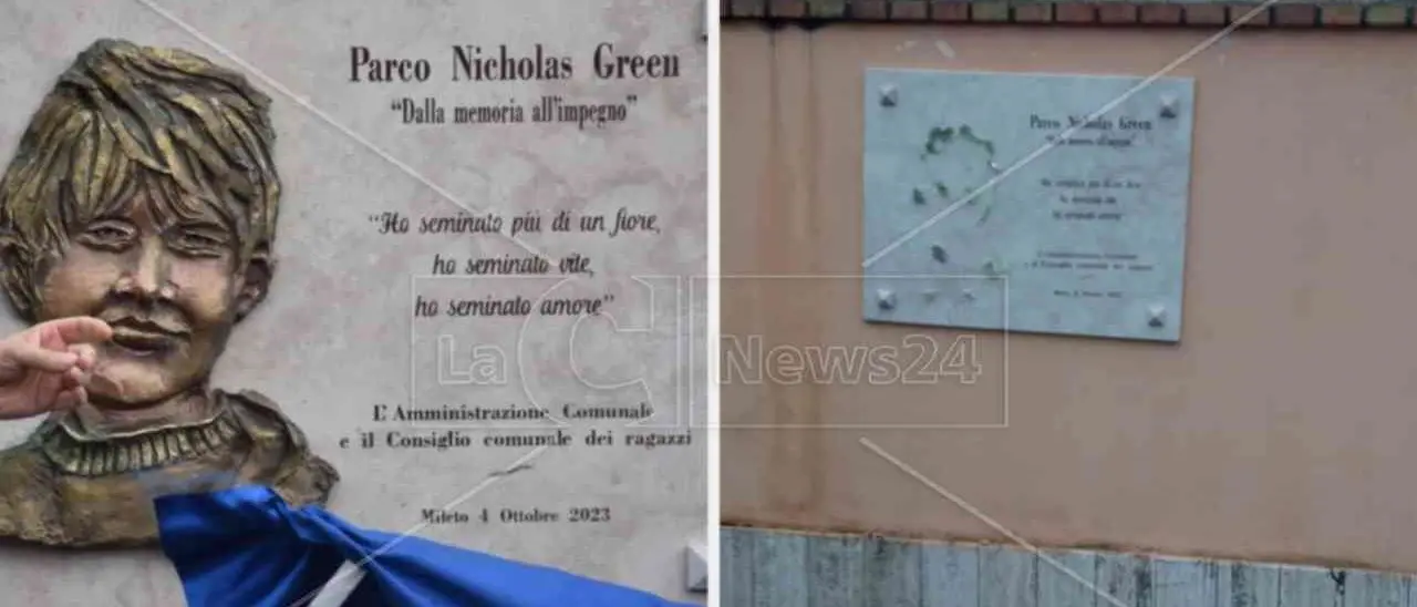 Mileto, danneggiata la scultura dedicata a Nicholas Green nel parco urbano
