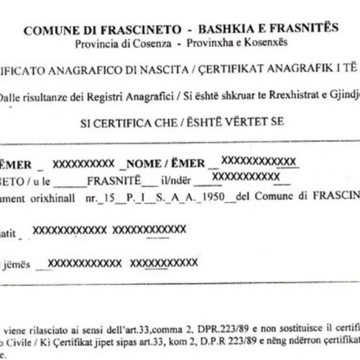 A Frascineto il primo certificato di nascita in lingua albanese