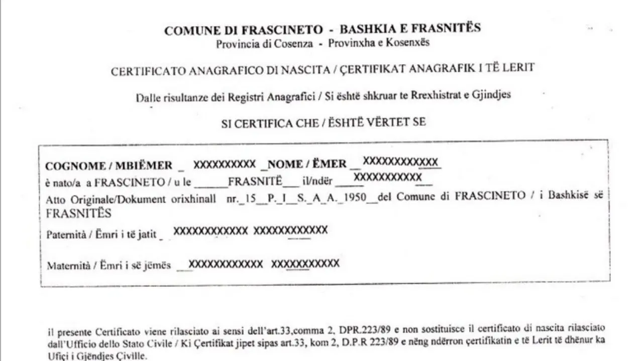 A Frascineto il primo certificato di nascita in lingua albanese