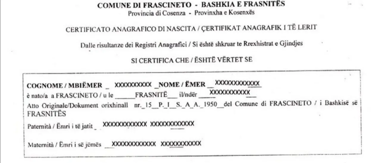 A Frascineto il primo certificato di nascita in lingua albanese