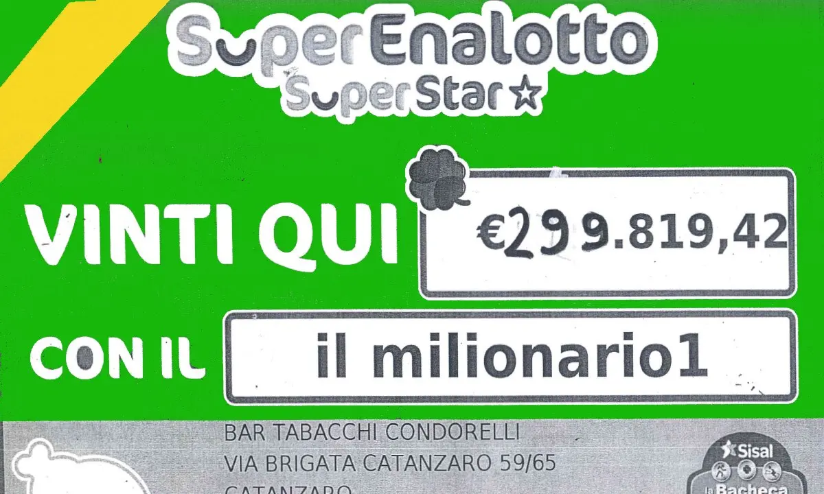 Vincita eccezionale a Catanzaro. Centra la combinazione del Superenalotto e porta a casa 300mila euro