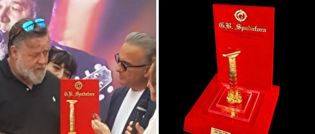 Russell Crowe in Calabria, la colonna d‘oro del maestro Spadafora in dono alla star di Hollywood