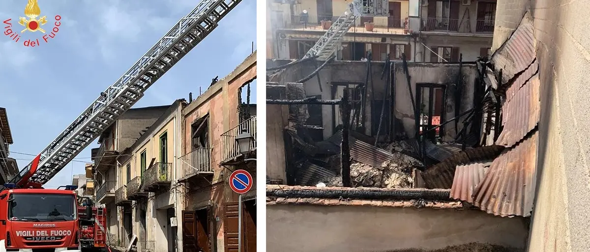 Divampano le fiamme a Sinopoli in tre edifici. Vigili sul posto da ieri notte per spegnere l’incendio