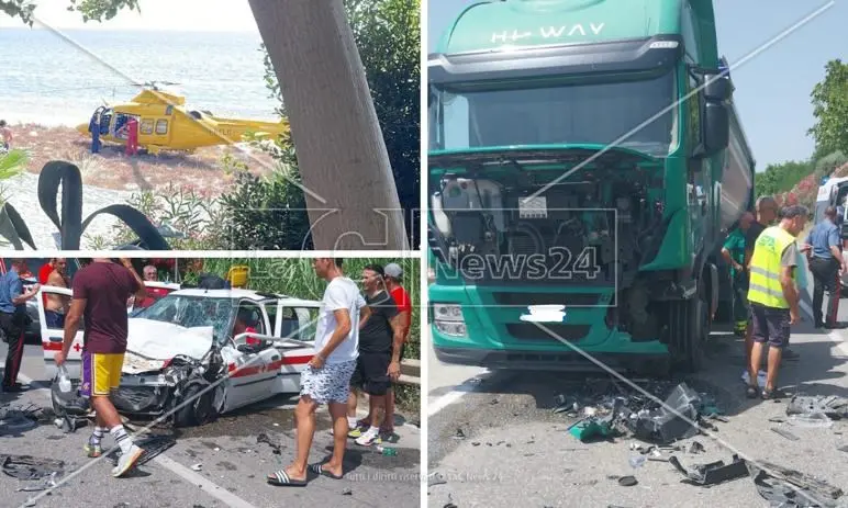 Incidente stradale ad Amantea, auto della Croce rossa si scontra con un camion: i 5 volontari a bordo incastrati tra lamiere