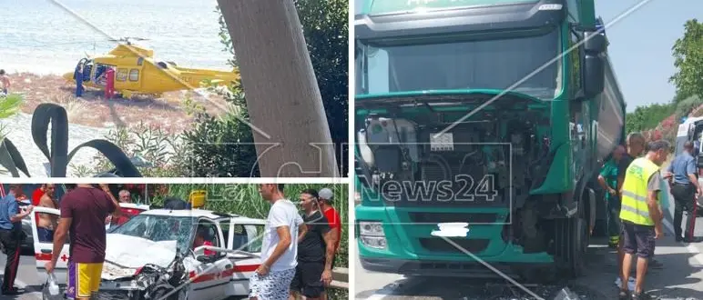 Incidente stradale ad Amantea, auto della Croce rossa si scontra con un camion: i 5 volontari a bordo incastrati tra lamiere