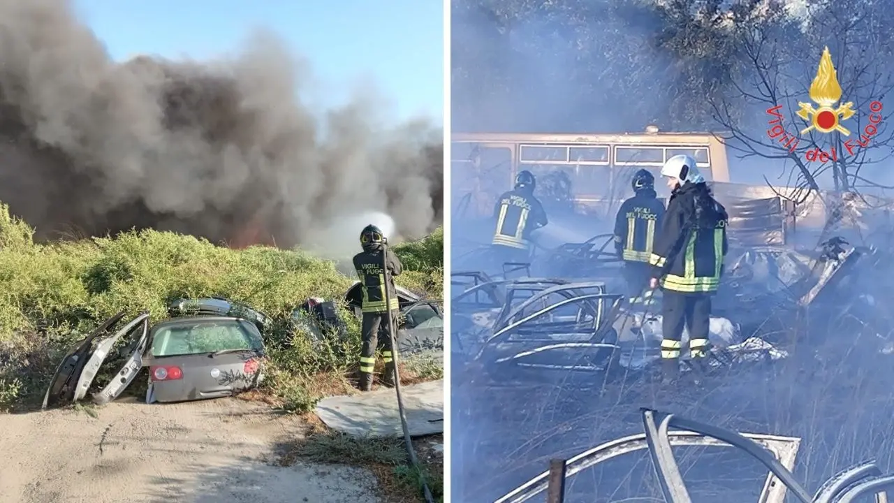 Incendio di vegetazione a Crotone, in fiamme una ditta di autodemolizione: a fuoco diverse carcasse di auto