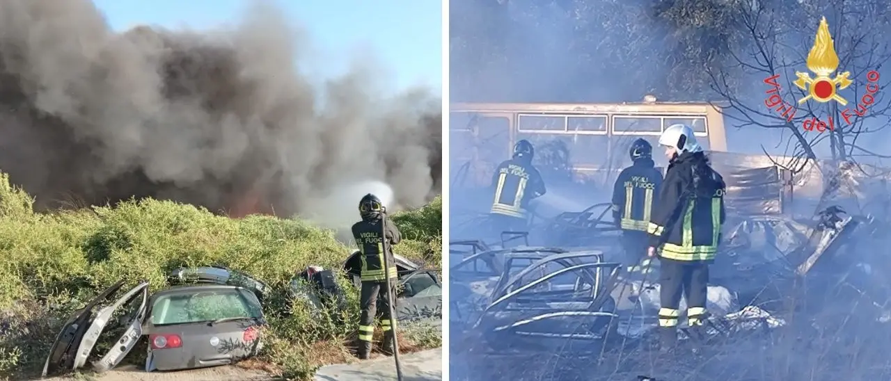 Incendio di vegetazione a Crotone, in fiamme una ditta di autodemolizione: a fuoco diverse carcasse di auto