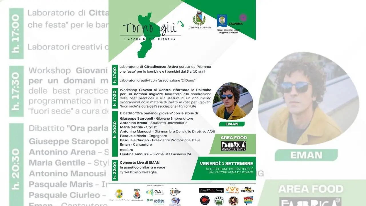 Torno giù - L’agorà di chi ritorna, nel Vibonese torna l’evento dedicato ai giovani: gran finale con il concerto di Eman