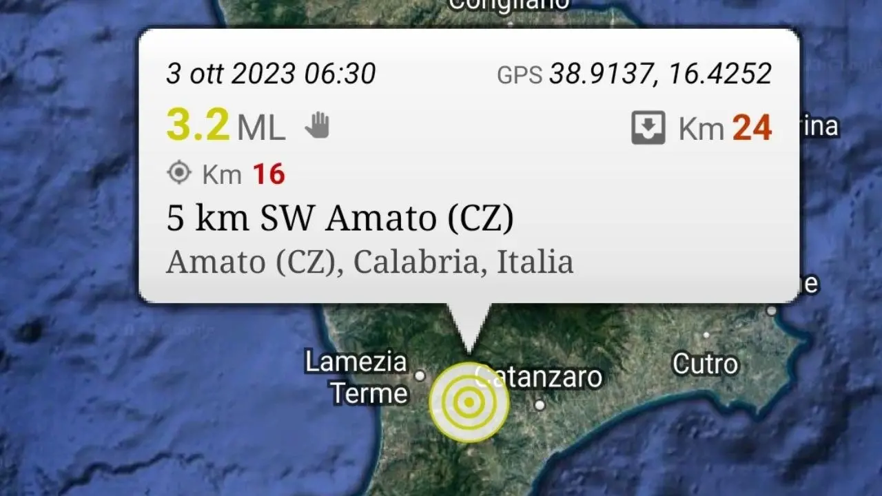 Terremoto nel Catanzarese, scossa di magnitudo 3.2 con epicentro ad Amato