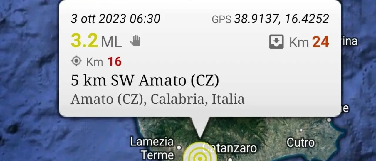 Terremoto nel Catanzarese, scossa di magnitudo 3.2 con epicentro ad Amato