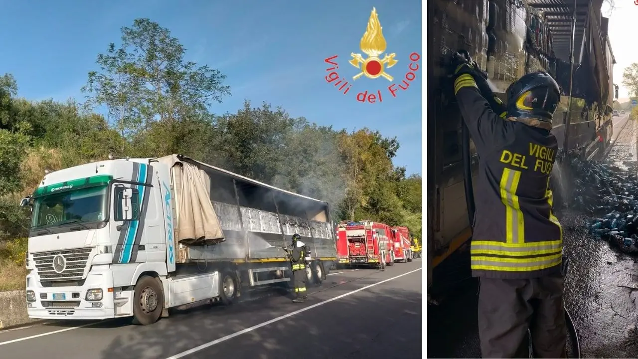 Paura sulla SS107 nel Crotonese, in fiamme un tir che trasportava bottiglie d’acqua: salvo il conducente