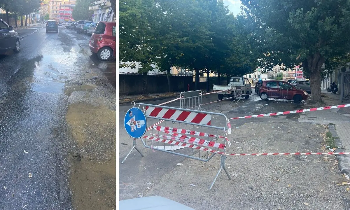 Cosenza, si rompe la condotta idrica nei pressi dell’ospedale: strada allagata e rubinetti a secco