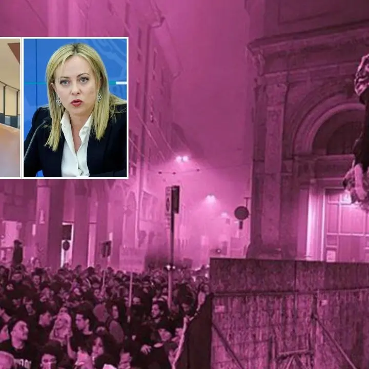 Bologna, manichino del premier Meloni a testa in giù esposto durante un corteo. Occhiuto: «Basta violenza»