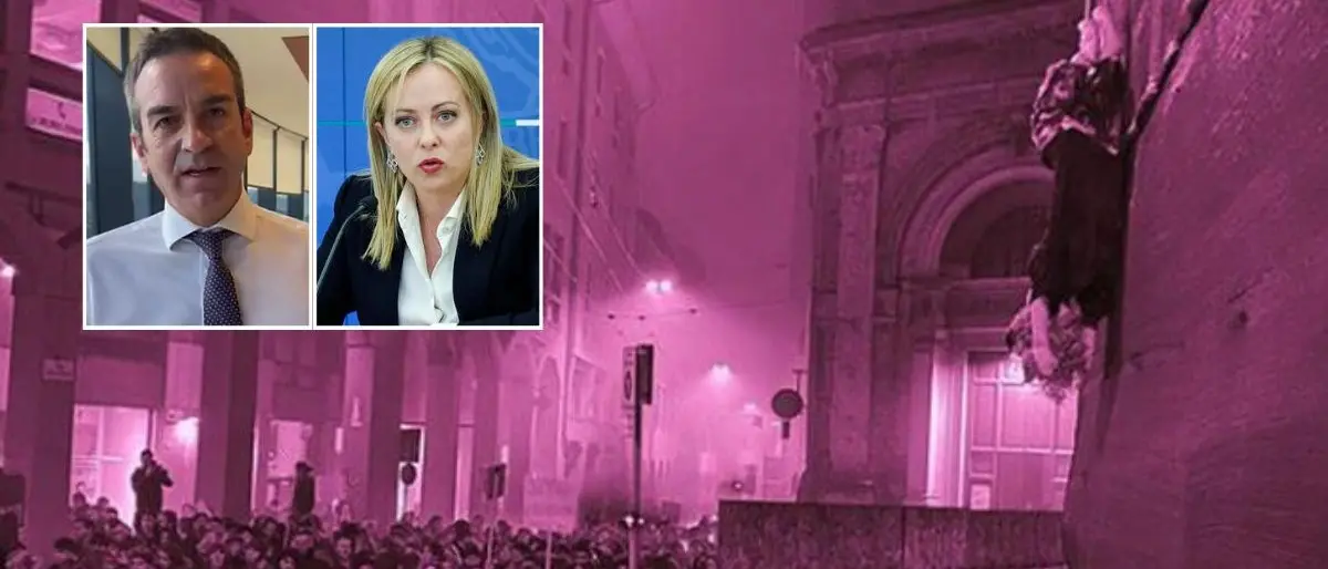 Bologna, manichino del premier Meloni a testa in giù esposto durante un corteo. Occhiuto: «Basta violenza»