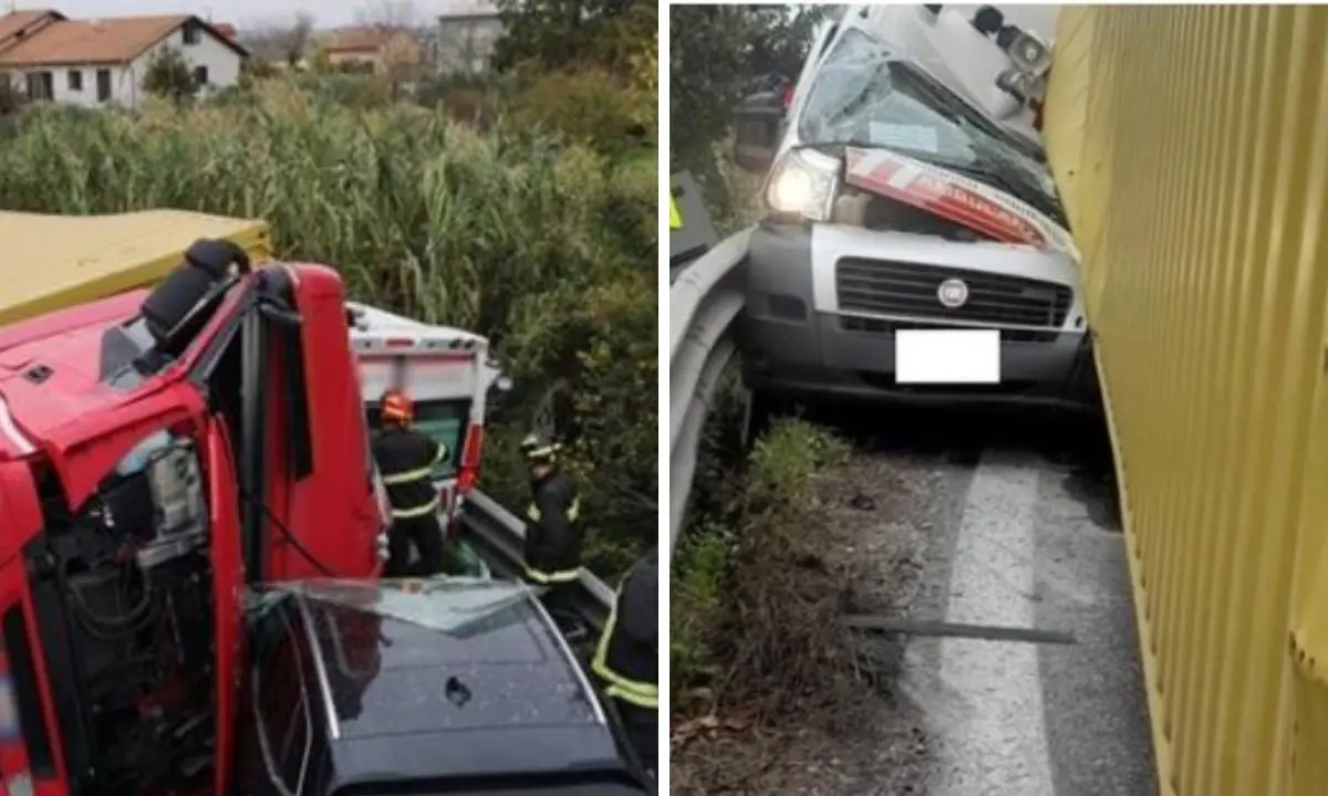 Spaventoso incidente, tir si ribalta e schiaccia un’ambulanza: morti l’autista e il paziente