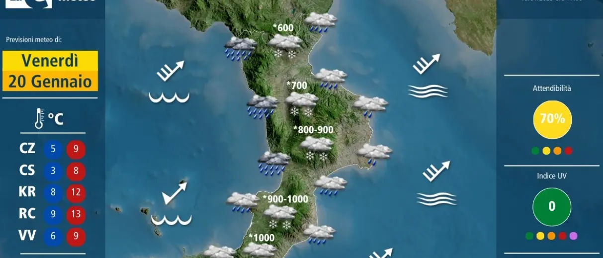 Freddo polare in Calabria: previste forti raffiche di vento, pioggia e neve anche a bassa quota