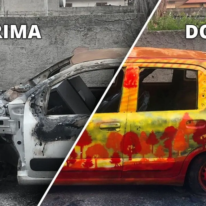 La bellezza al posto del degrado: a Reggio Calabria l’auto bruciata diventa un’opera d’arte