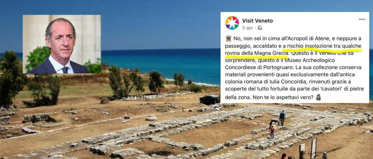 «Tra le rovine della Magna Grecia rischi l’insolazione»: bufera sulla pubblicità della Regione Veneto