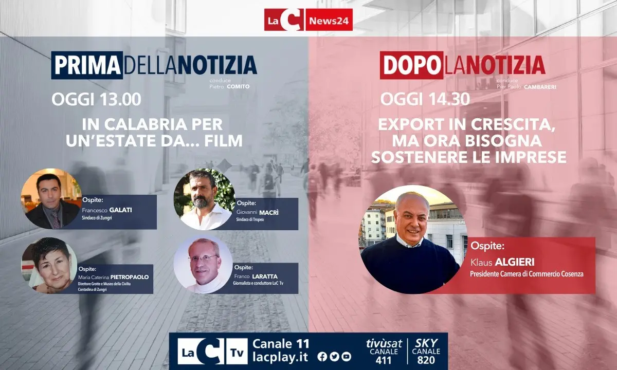 Avvio della stagione estiva e crescita dell’export: i temi dell’informazione live di LaC News24 a partire dalle 13 - LA DIRETTA