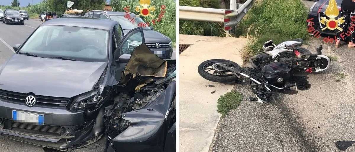 Incidente sulla 106 nel Catanzarese, violento scontro tra due auto e una moto: ferito il centauro