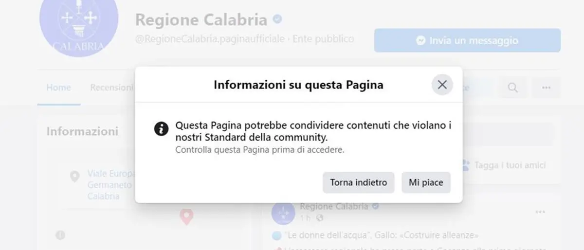 «Questa pagina viola gli standard della nostra community»: Facebook “banna” la Regione Calabria?