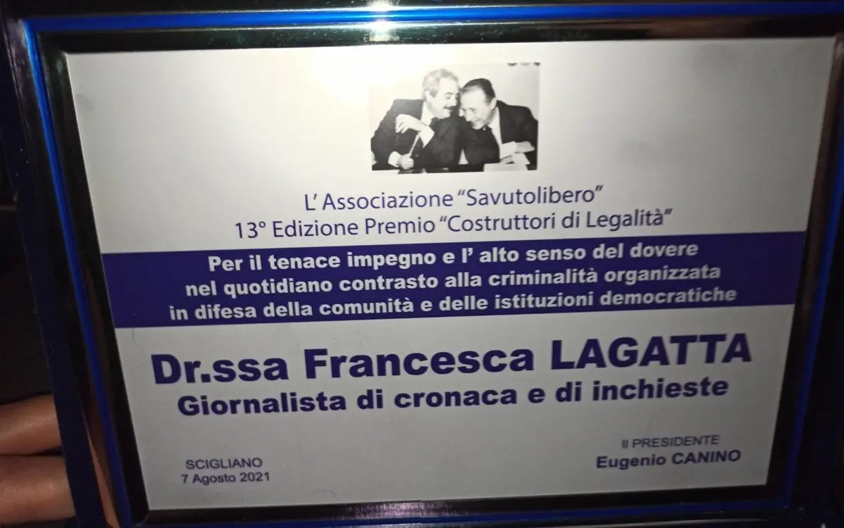 Scigliano, la giornalista di LaC Francesca Lagatta premiata tra i Costruttori di legalità