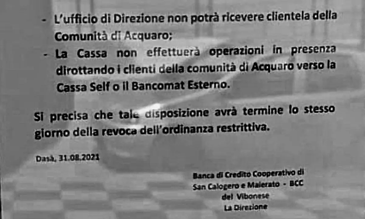 Covid, banca impedisce l’accesso ai correntisti di Acquaro: l’indignazione del sindaco