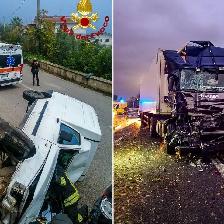 Due incidenti nel Cosentino, scontro tra due autocarri e un’auto ribaltata: feriti i conducenti