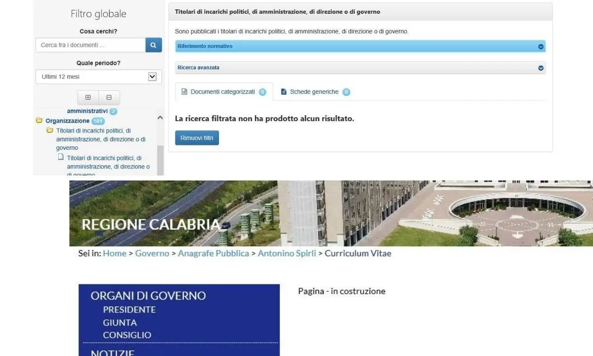 Regione, «Sezione amministrazione trasparente 'vuota' e dati della Giunta secretati»