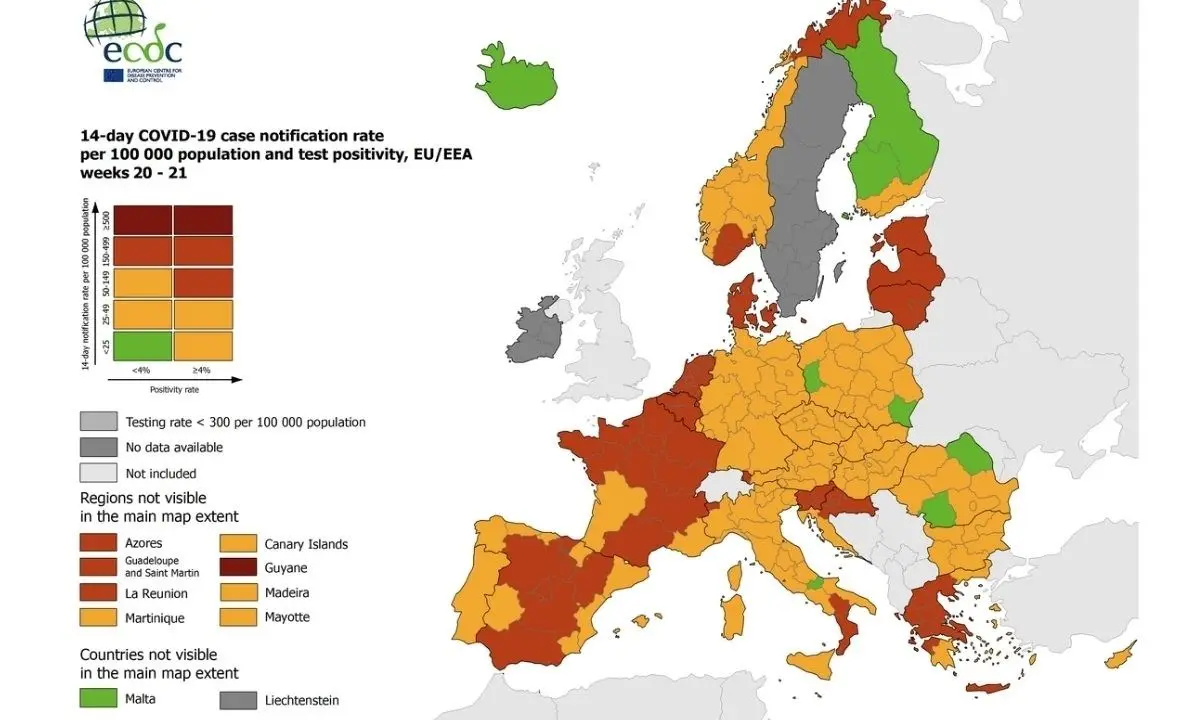 Covid, Calabria rossa nella mappa Ue. Il Molise è l'unica regione verde d'Italia