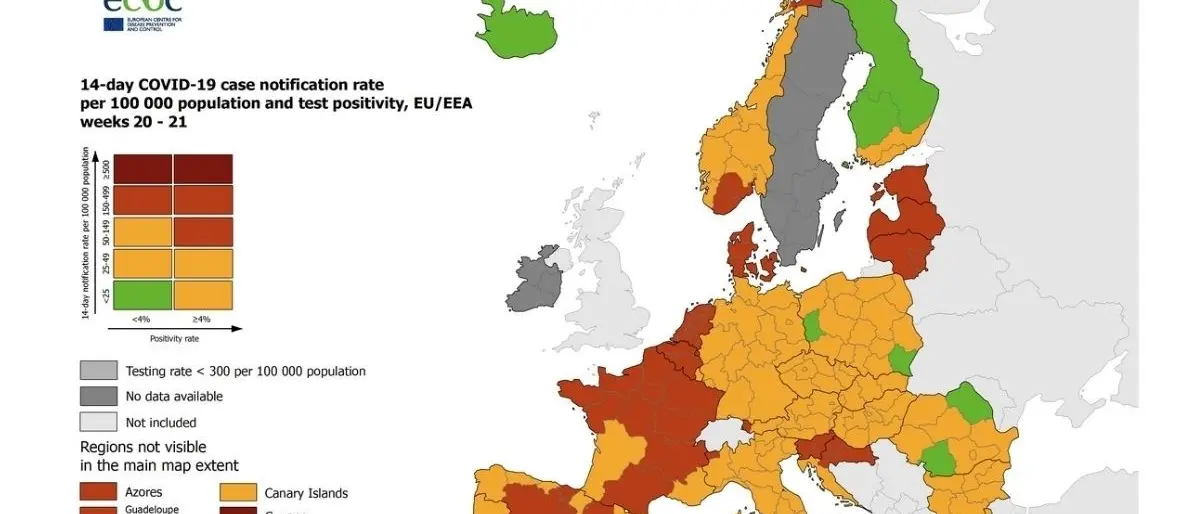 Covid, Calabria rossa nella mappa Ue. Il Molise è l'unica regione verde d'Italia