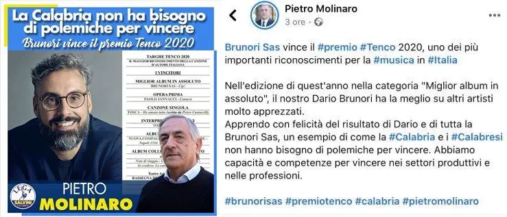 Il consigliere della Lega “rivendica” la vittoria di Brunori: il web insorge