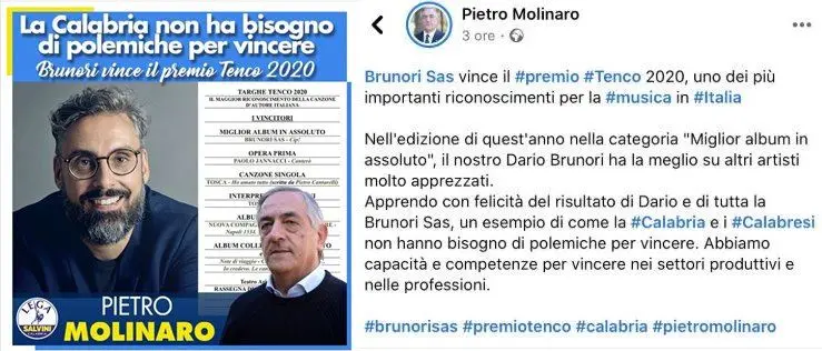 Il consigliere della Lega “rivendica” la vittoria di Brunori: il web insorge