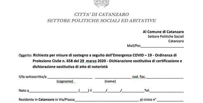 Buono spesa per famiglie in difficoltà, ecco il modulo del comune di Catanzaro