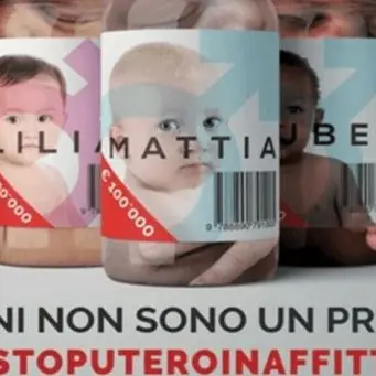 Campagna contro utero in affitto, poster con bambini dentro barattoli