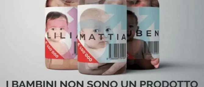 Campagna contro utero in affitto, poster con bambini dentro barattoli