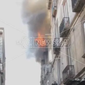 Incendio nel centro storico di Cosenza, all'opera le unità cinofile dei vigili del fuoco (VIDEO)