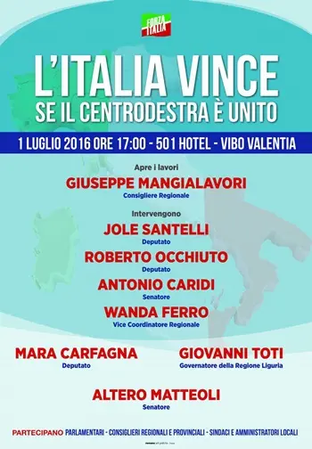 ‘L’Italia vince se il centrodestra è unito’: il 1° luglio il convegno a Vibo