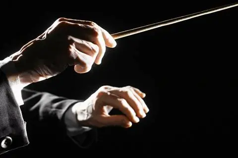 Orchestra conductor hands baton. Music director holding stick