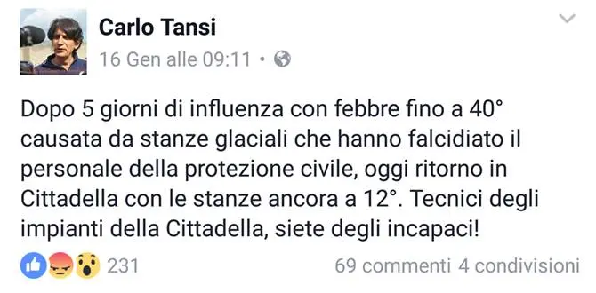 Personale decimato dalla febbre e sale al gelo, Tansi commenta: «Tecnici degli impianti della Cittadella, siete degli incapaci»