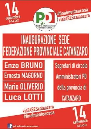 Catanzaro, lunedi inaugurazione della nuova sede della federazione provinciale del Pd