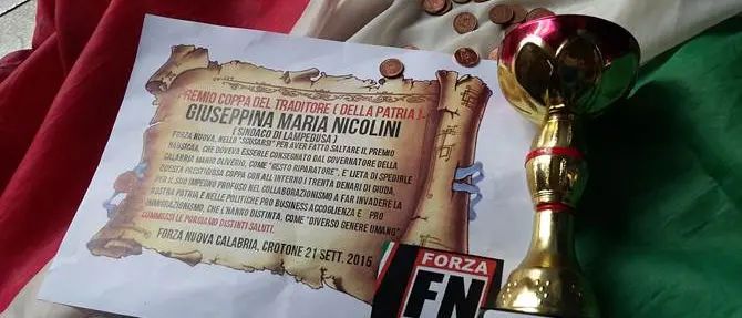 Forza Nuova al sindaco di Lampedusa: riceverà ‘La coppa del traditore della Patria’