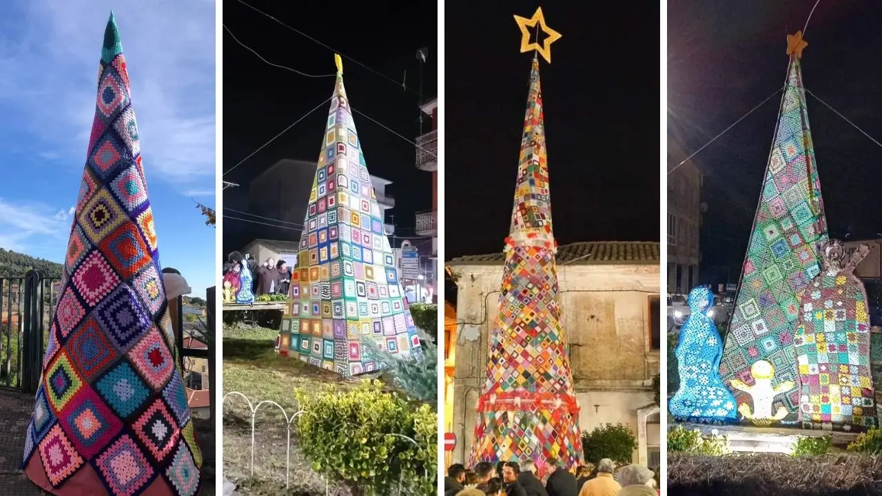 Gli alberi di Natale all’uncinetto in Calabria: così ricami colorati invadono i paesi