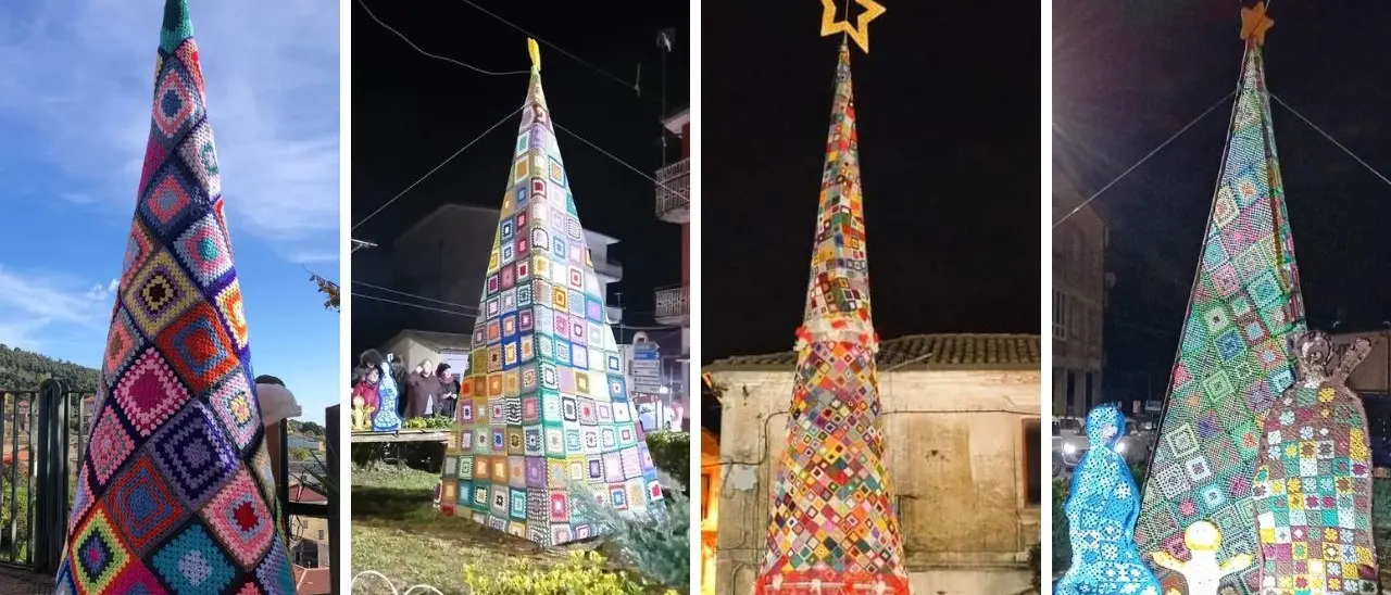 Gli alberi di Natale all’uncinetto in Calabria: così ricami colorati invadono i paesi