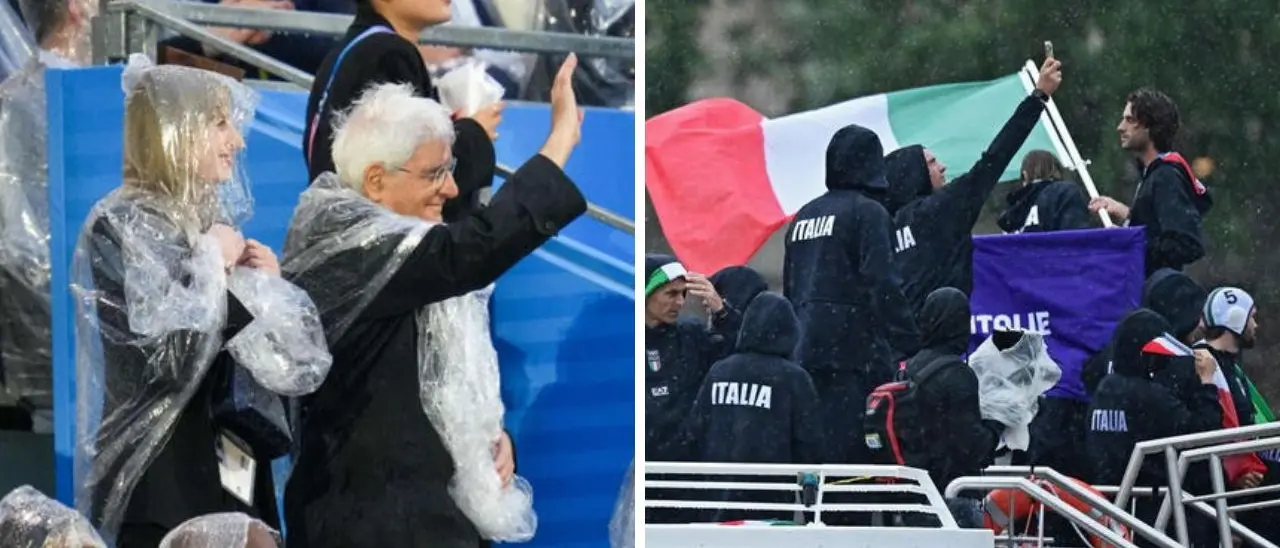 Cerimonia d‘apertura Olimpiadi di Parigi, Mattarella con il poncho sotto una pioggia incessante saluta gli atleti italiani che sfilano sulla Senna