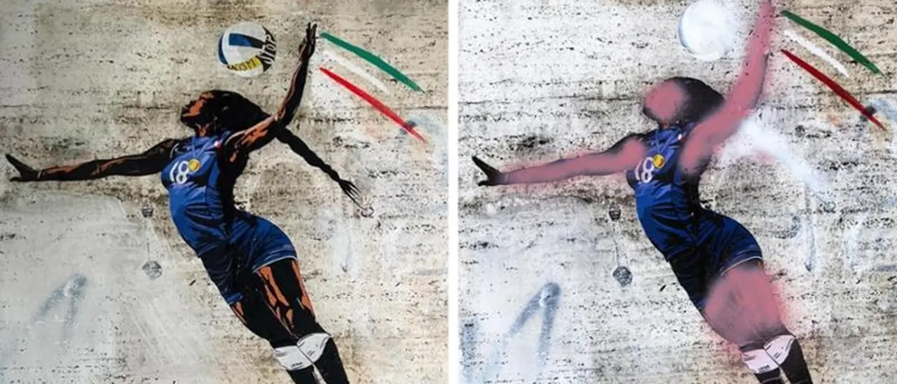 Spray rosa sulla pelle nera, vandalizzato il murales dedicato a Paola Egonu. Ma un passante lo ridipinge