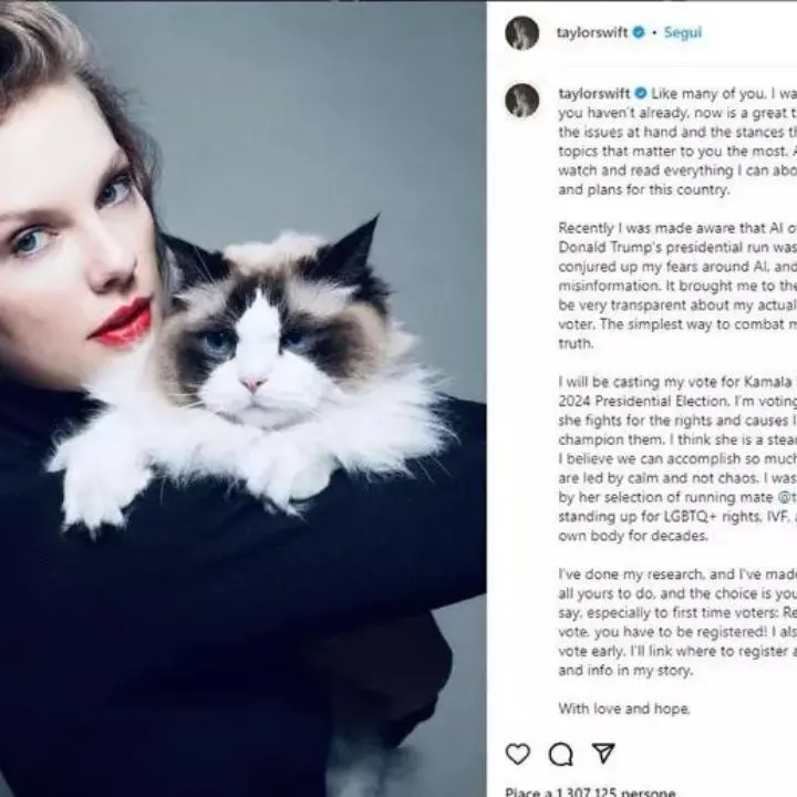 La popstar Taylor Swift da 284 milioni di follower si schiera con Kamala Harris e si firma «gattara senza figli»