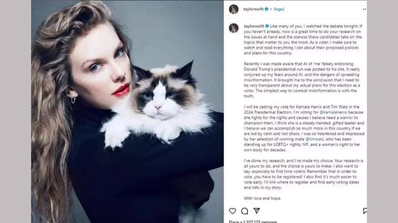 La popstar Taylor Swift da 284 milioni di follower si schiera con Kamala Harris e si firma «gattara senza figli»