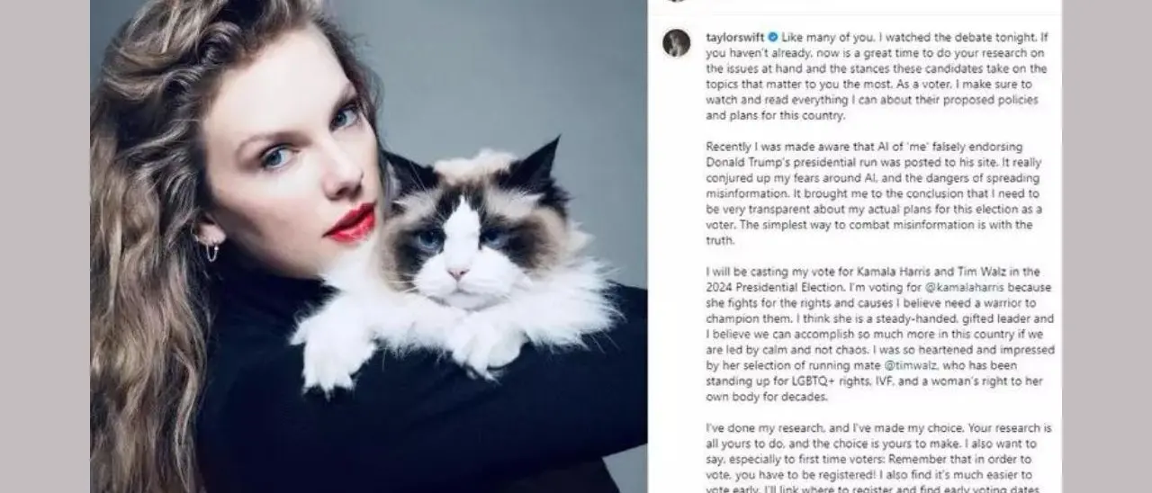 La popstar Taylor Swift da 284 milioni di follower si schiera con Kamala Harris e si firma «gattara senza figli»